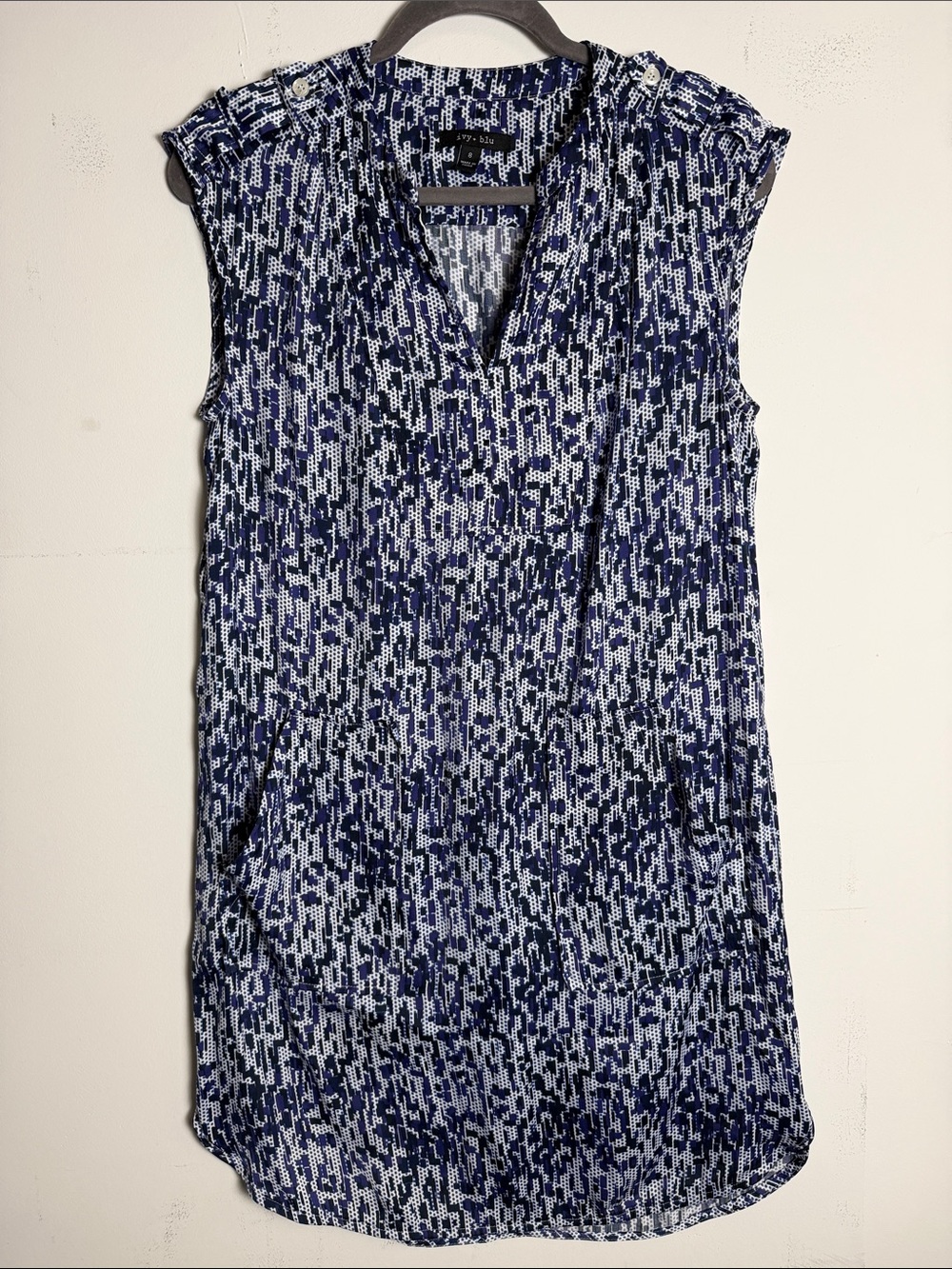 Ivy + Blu Sleeveless Navy and White Printed Midi Dress with V-Neck